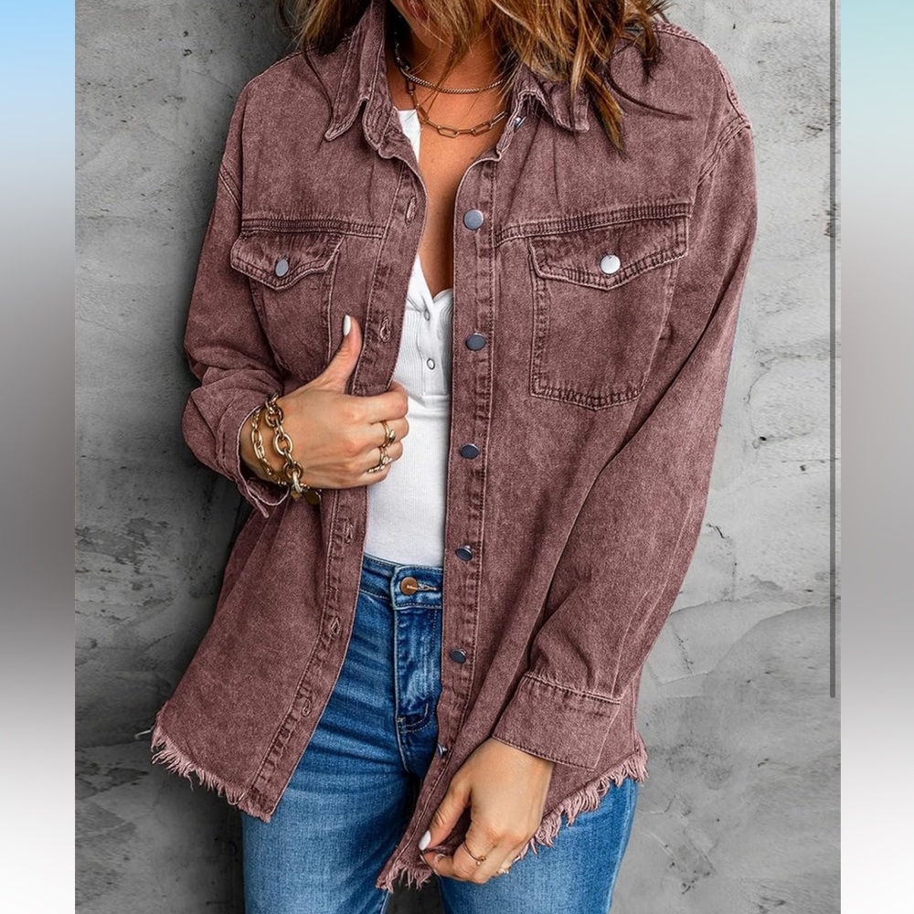 Women’s Oversized Button Up Frayed Hem Shacket Size XL